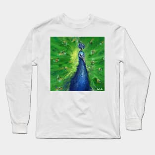 Grungy Semi Abstract Peacock Painting Long Sleeve T-Shirt